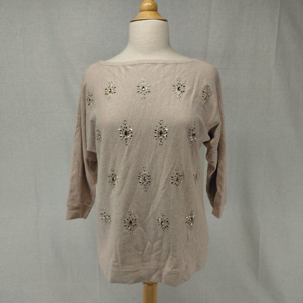 White House Black Market boat neck jeweled 3/4 sleeve sweater SZ M - Picture 2 of 9